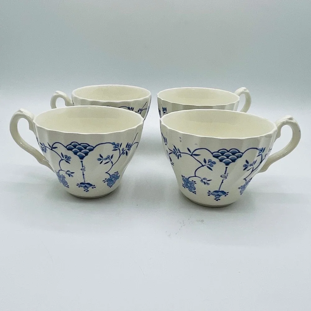 Vintage Blue and White Floral Tea Cups Set of 4 Scalloped Fluted Rim Chipped